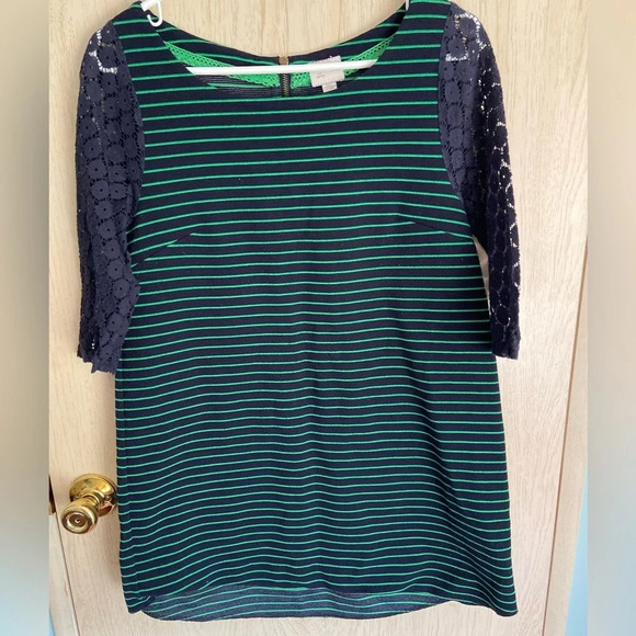 Postmark Anthropologie Women’s Medium Blue Green Striped Cute Top Shirt Lace - Picture 1 of 10